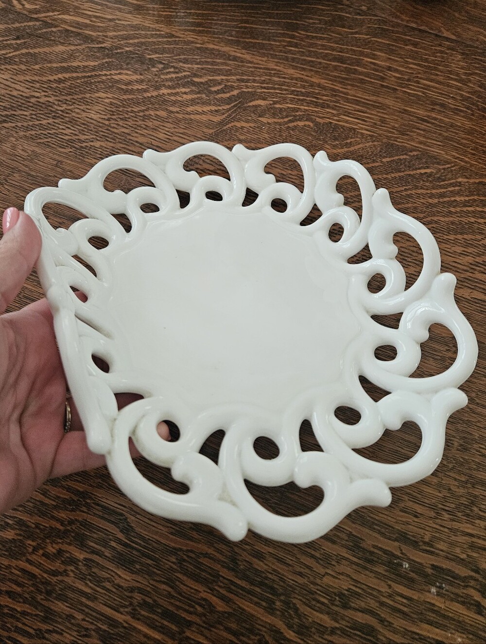 Fostoria Monroe Vintage Milk Glass Oval Bowl Reticulated Lace Scroll Approx 11"